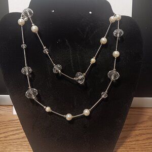 Long Silver Tone Glass Crystal Faux Pearl beaded Necklace